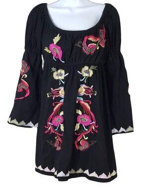 VaVa Joy Han Mini Dress Black Small Festival Hippie Boho Embroider Floral Bell
